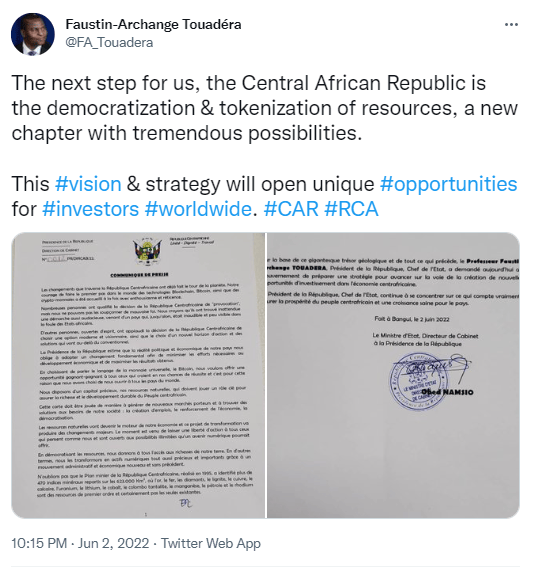 Après l'adoption de Bitcoin, le président centrafricain envisage de tokeniser les ressources naturelles du pays.