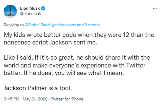 Elon Musk and Jackson Palmer exchange 