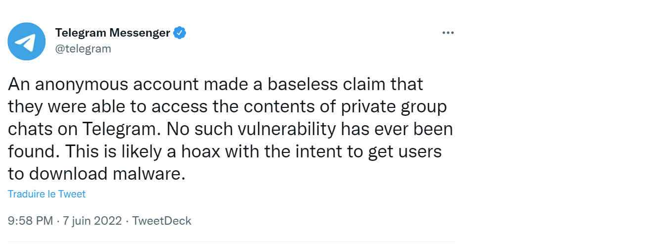 L'application Telegram réagit à propos de l'annonce de @adyingnobody