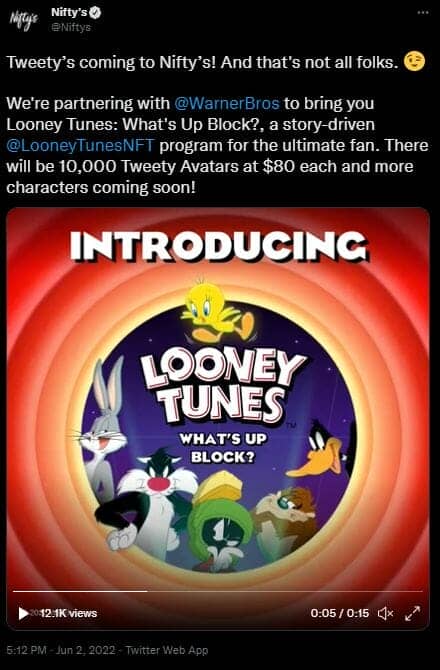 Le premier personnage mis à l'honneur dans la collection NFT des Looney Tunes sera Tweety (Titi dans la version française) : 10 000 NFT seront commercialisés à 80$ unité. 