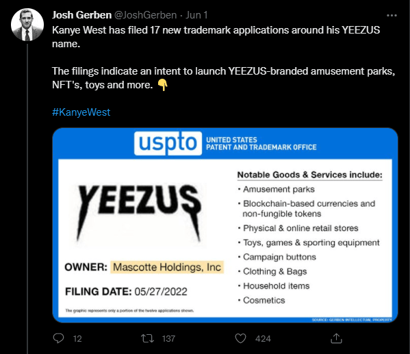 American lawyer specializing in trademarks and intellectual property, Josh Gerben, discovered the filing of the YEEZUS trademark, in various product categories, made by Kanye West.