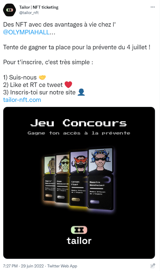 Gagnez un accès à la pré-vente des NFT « The O’Gs » grâce aux nombreux réseaux sociaux de l'Olympia et de la startup crypto française Tailor