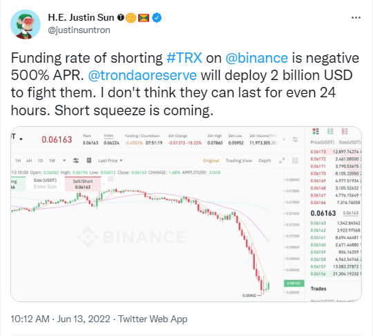 Justin Sun dénonce des positions vendeuses spéculatives sur le token de Tron (TRX).
