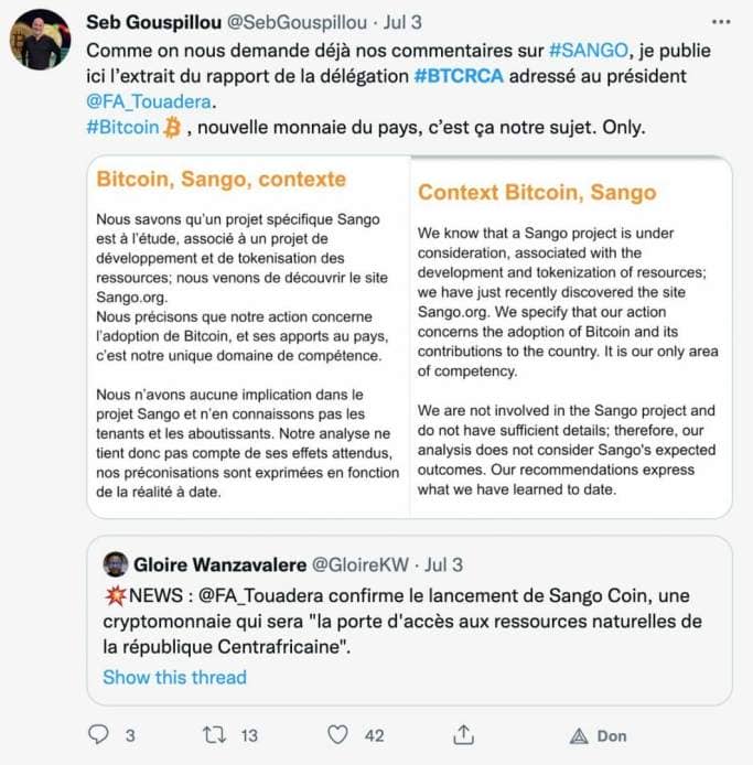 Tweet de Seb Gouspillou reprenant un communiqué de la BTC RCA qui se désolidarise du projet SANGO au nom de Bitcoin.