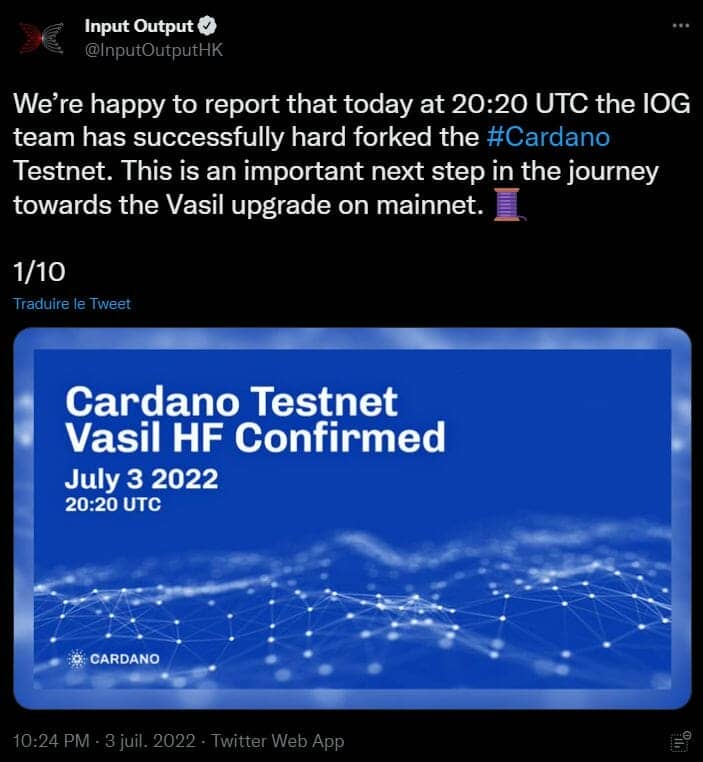 L'équipe de Cardano annonce le lancement du hard fork sur le testnet le 3 juillet 2022