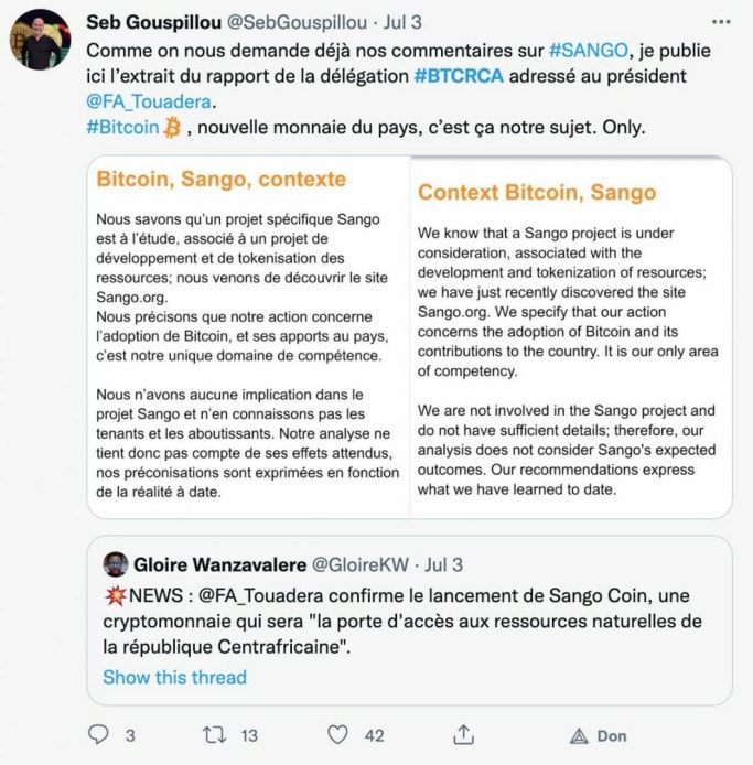 Tweet de Seb Gouspillou reprenant un communiqué de la BTC RCA qui se désolidarise du projet SANGO au nom de Bitcoin.