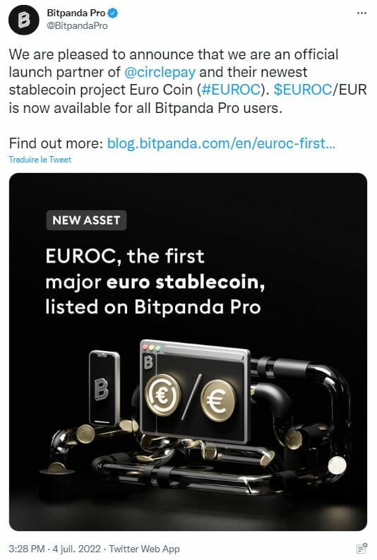 Le stablecoin EUROC arrive pour les traders pros de Bitpanda.