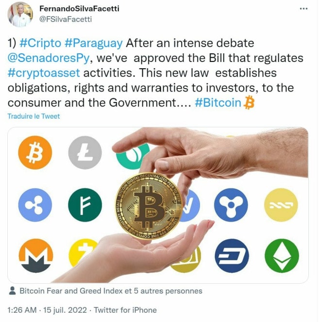 Tweet de Fernando Silva Facetti annonçant que le sénat était favorable au minage de Bitcoin