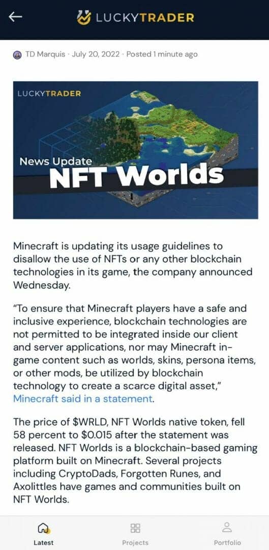 NFTWorld's token saw a drop following the announcement of Minecraft studios