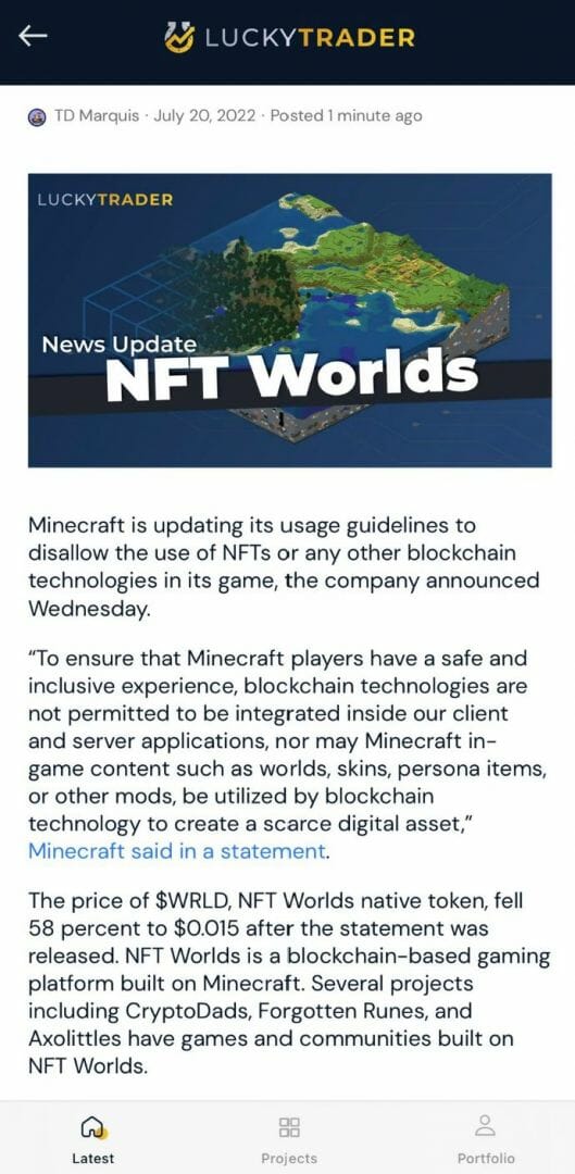 Le jeton de NFTWorld a connu une chute suite à l'annonce des studios Minecraft