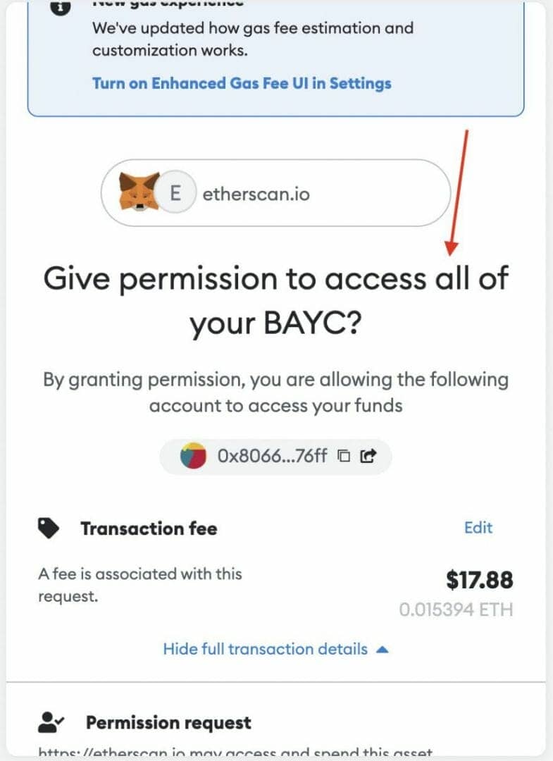 Metamask crypto wallet warns users of the risks of approving a transaction giving access to all funds 