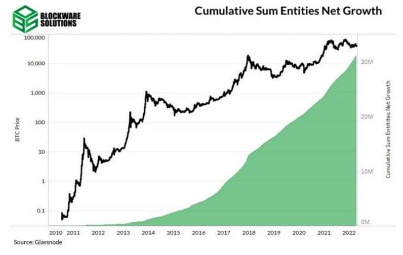 Cumulative net growth of entities on the Bitcoin network.