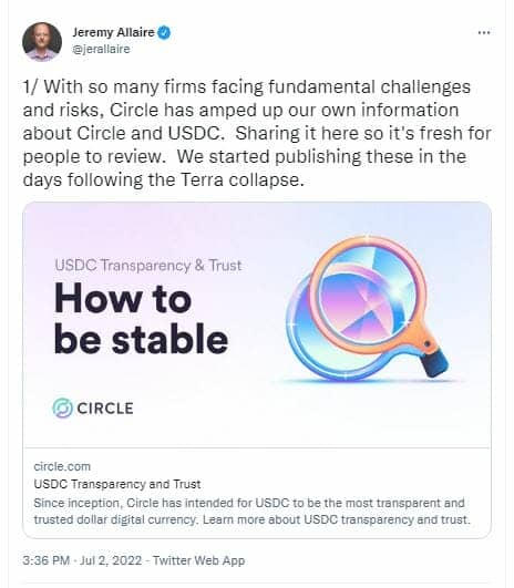 USDC : les tweets de Jeremy Allaire pour démentir les rumeurs sur le stablecoin.