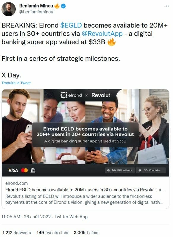 Beniamin Mincu le CEO d'Elrond Network communique beaucoup sur Twitter. Il vient d'annoncer un partenariat avec Revolut afin de démocratiser l'accès à son token l'EGLD