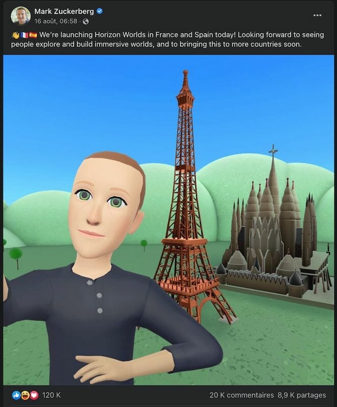 L'image de lancement d'Horizon en France par Mark Zuckerberg