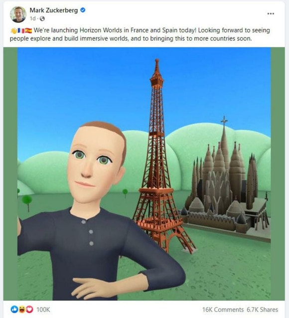 Avatar de Mark Zuckerberg pour le lancement d'Horizon Worlds à Barcelone et à Paris