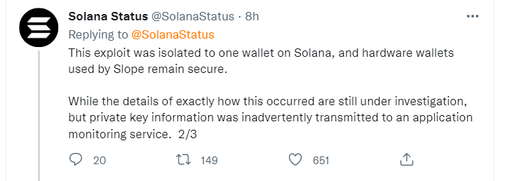 Déclaration Solana suite au hack, incrimination du wallet Slope