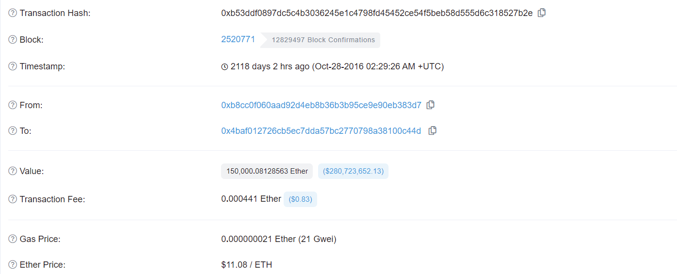Wallet de 150 000 ETH ayant participé à l'ICO d'Ethereum