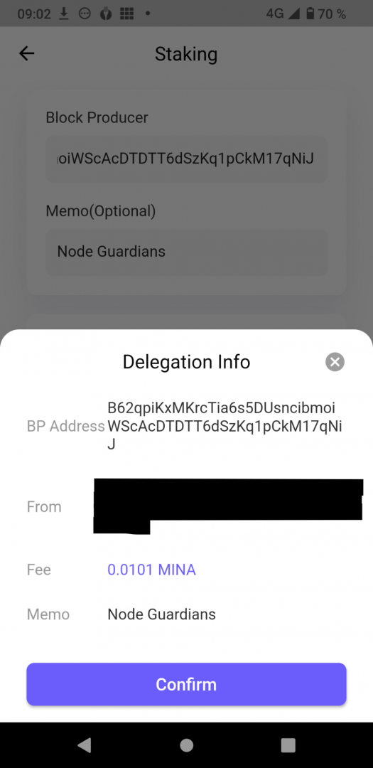 Validation de la délégation au validateur Mina de Node Guardians