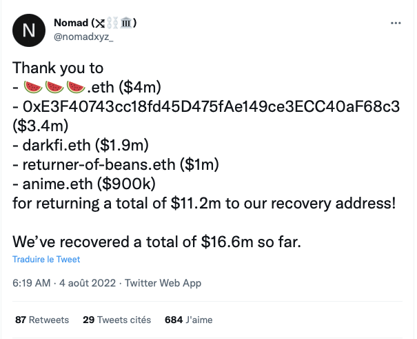 Tweet du projet Nomad annonçant de nouvelles sommes récupérées.