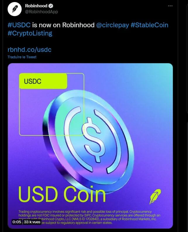 Robinhood annonce sur Twitter l'arrivée prochaine de son premier stablecoin : l'USDC de chez Circle. Pourquoi celui là ? Début de réponses dans l'article.