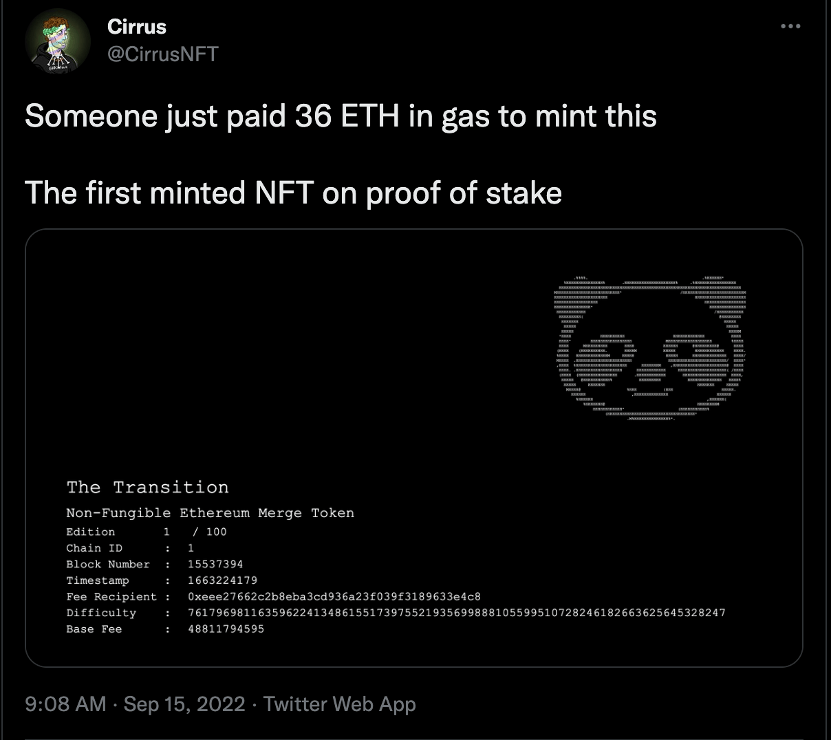 Le premier NFT minté sur la blockchain Ethereum après The Merge a couté 36 ETH de frais de gas