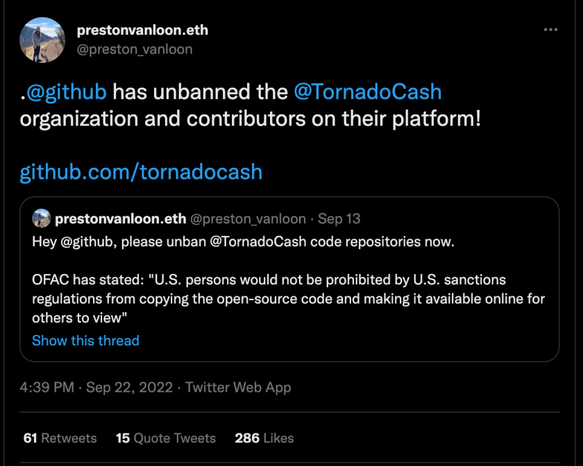 Tweet d'un developpeur Ethereum à propos du retour de Tornado Cash