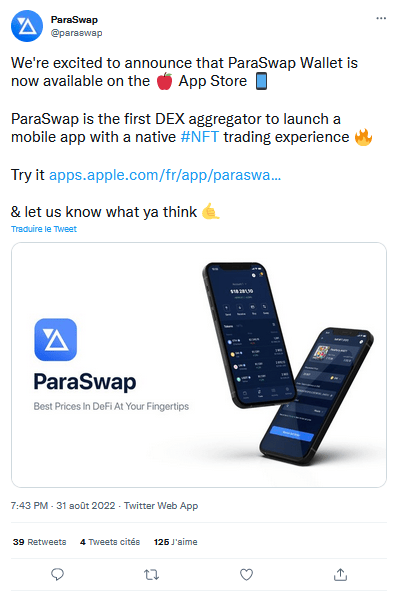 Paraswap communique beaucoup sur Twitter pour annoncer les nouveautés crypto et NFT de son application