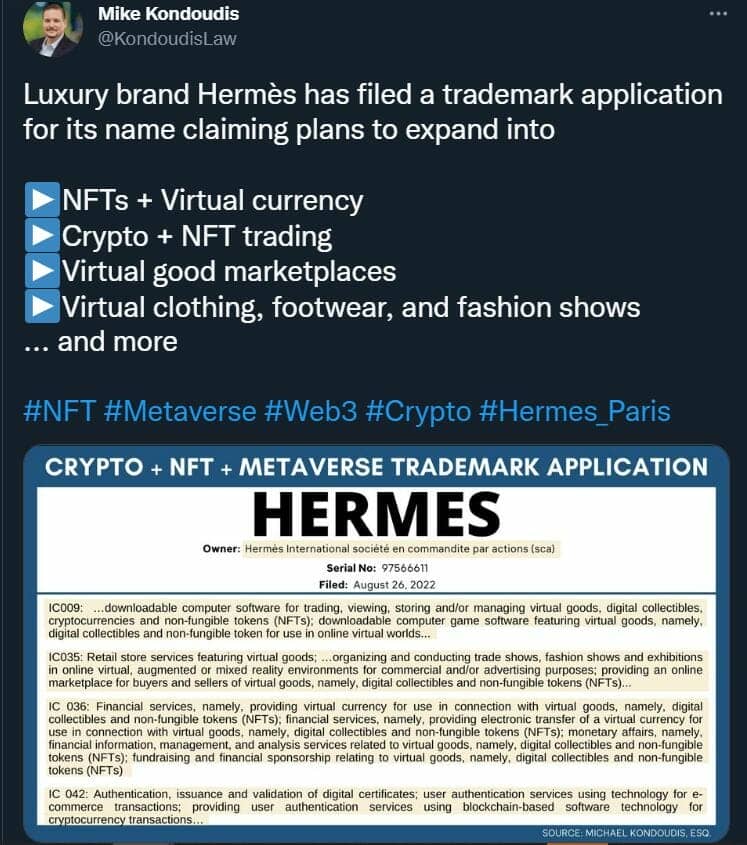 August 31, 2022 publication by Hermès attorney Michael Kondoudis who shared a trademark application with the United States Patent and Trademark Office
