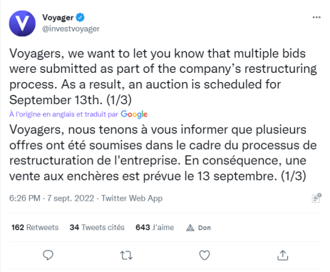 Publication twitter de Voyager Digital.