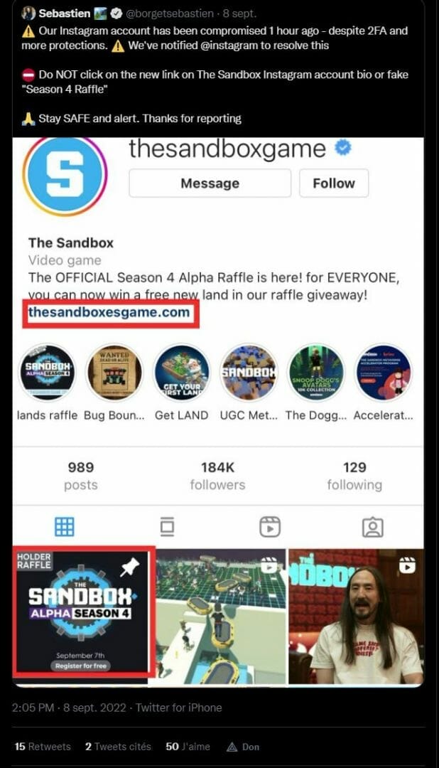 Capture d'écran du compte twitter de Sebastien Borget