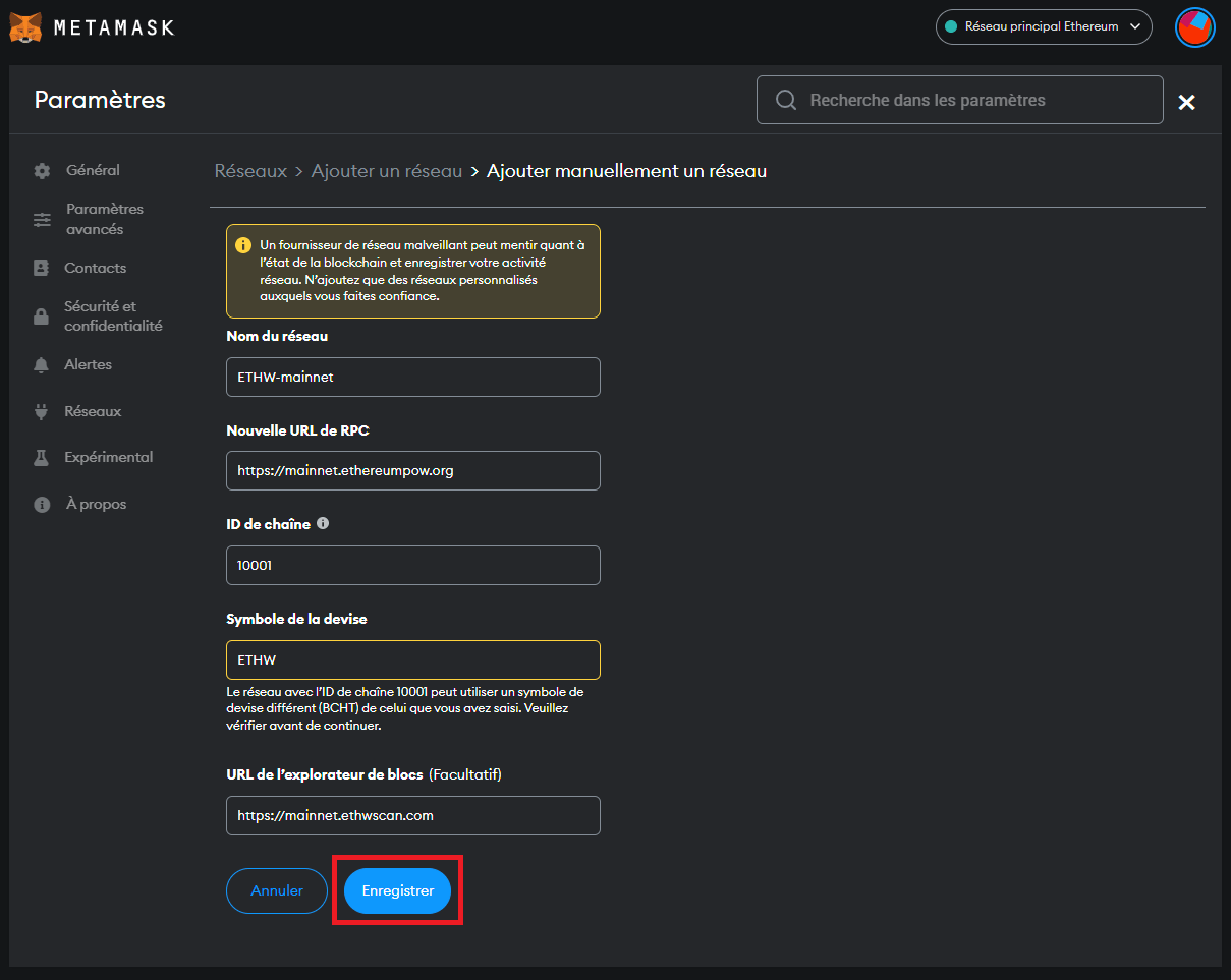 Paramètres d'ajout de réseau sur Metamask