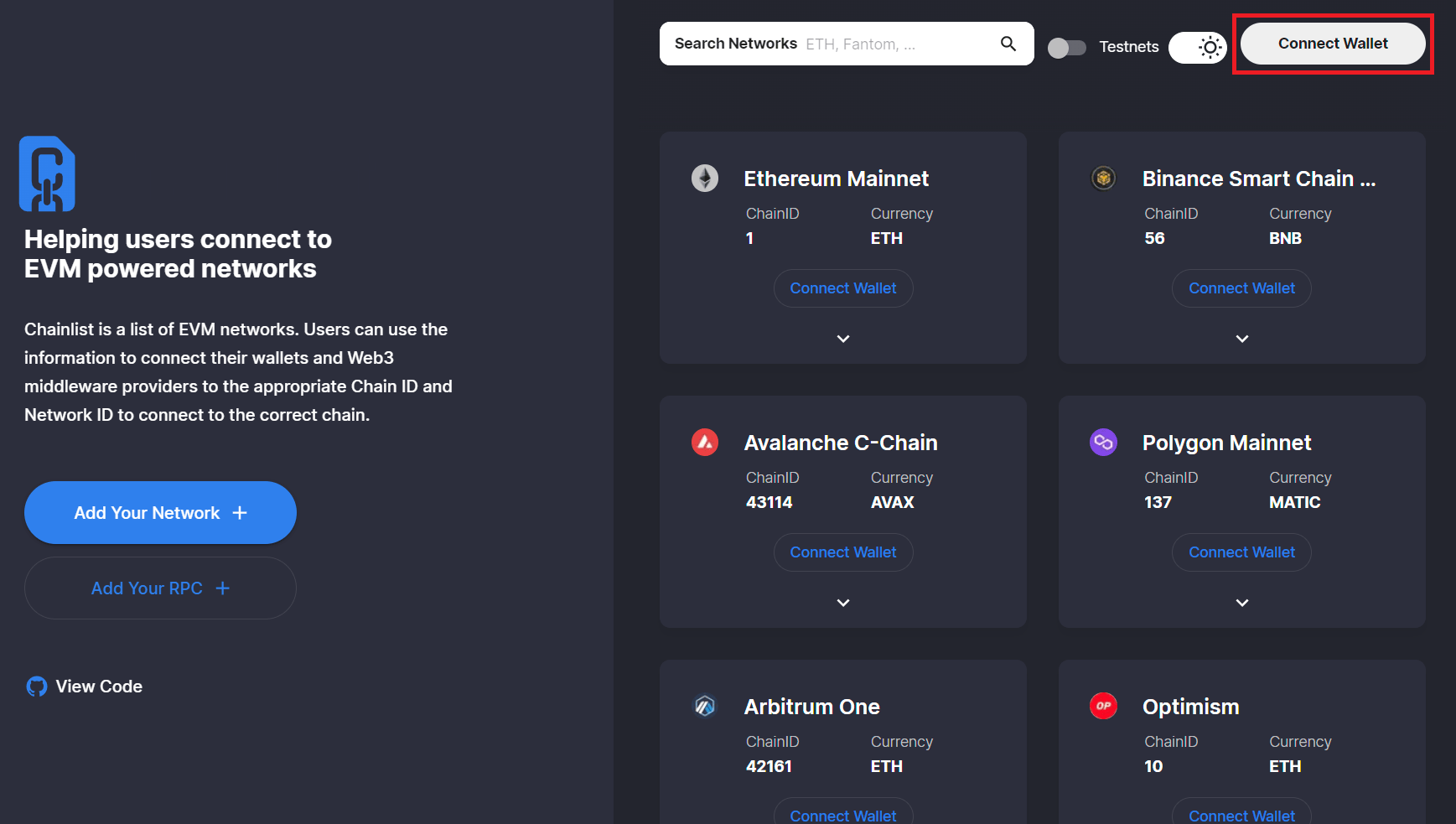 Connexion sur Chainlist