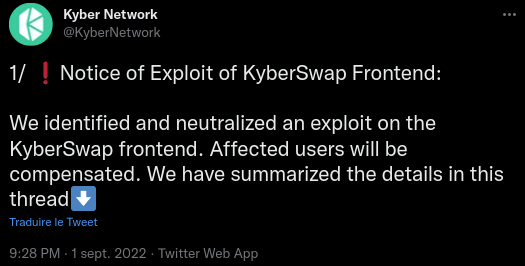 Tweet d'alerte publié par KyberSwap après le hack - Source : Twitter.
