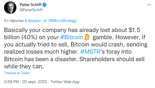 Peter Schiff n'aime toujours pas Bitcoin. Ni MicroStrategy non plus d'ailleurs.