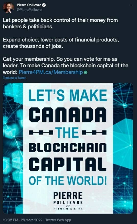 Le chef du Parti Conservateur canadien est pro bitcoin.