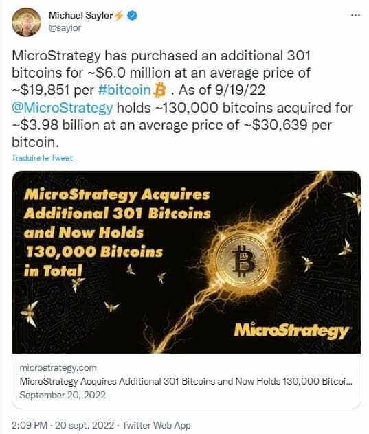 MicroStrategy engloutit 301 bitcoins de plus dans sa trésorerie.