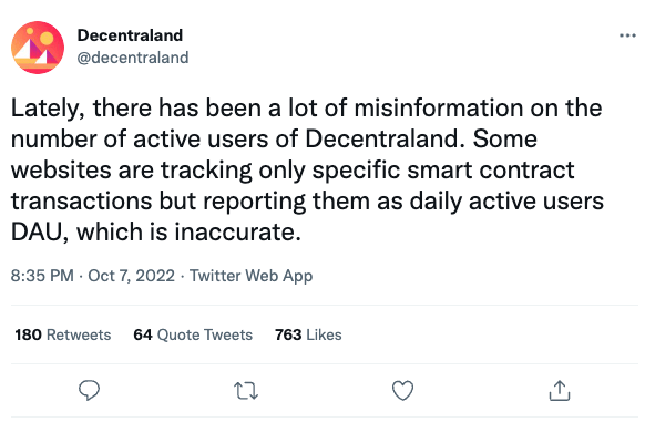 Decentraland also wants to correct the wrong information provided by DappRadar 