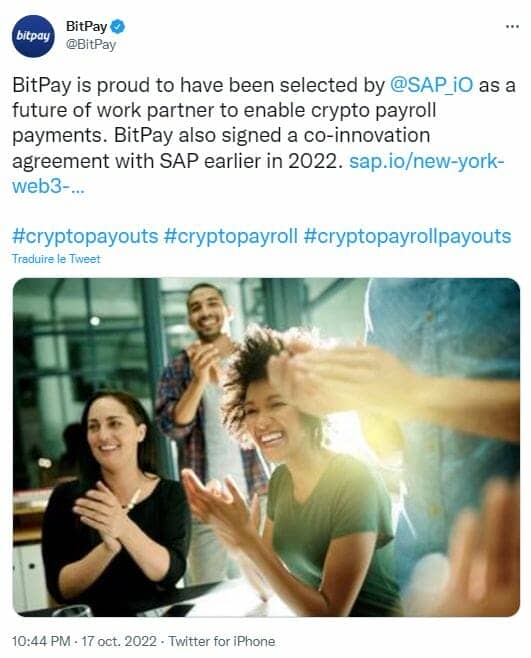 SAP et BitPay s’associent pour démocratiser les paiements de salaire en cryptos.