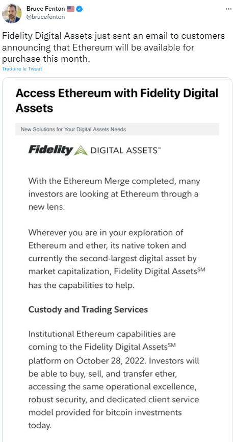 Fidelity donne accès à Ethereum à ses clients institutionnels.
