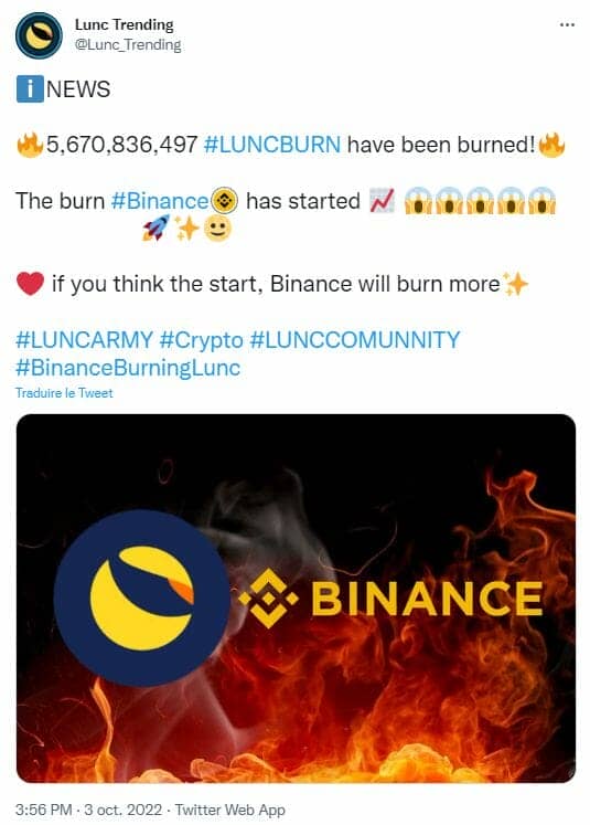 Des milliards de Luna Classic (LUNC) brûlés par Binance.