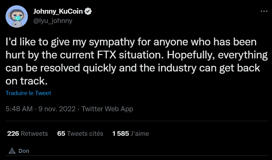 Le CEO de Kucoin compatie avec les utilisateurs malheureux de FTX et espère que le secteur pourra repartir rapidement. Il a également tenu à préciser qu'il fournirait une preuve de réserves d'ici un mois. 