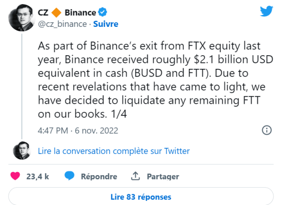 La tragédie de FTX s'est principalement jouée sur Twitter. Tout d'abord le 6 novembre avec la déclaration de Changpeng Zhao, le CEO de Binance de vouloir vendre l'intégralité des FTT de Binance à cause de rumeurs persistantes sur le net à propos de la solvabilité de FTX. 