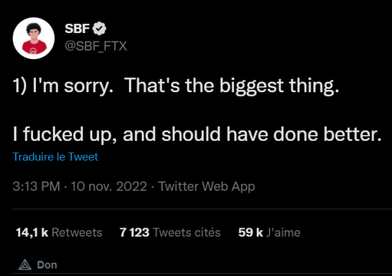 Sam Bankman-Fried va publier ses premières excuses sur Twitter. Après l'annonce de la mise en faillite de la plateforme, les rumeurs à son propos se multiplient.