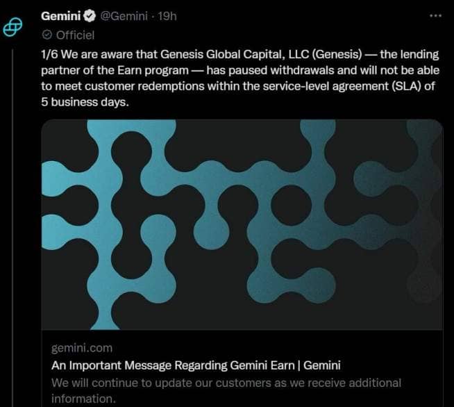 A 15h à Paris, Gemini annonce suspendre les retraits du programme Earn de sa plateforme à cause des déboires de son partenaire Genesis Global Capital. Et ce n'est que le début d'une longue journée…