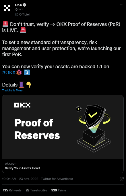OKX annonce sa Preuve de Réserve sur Twitter et propose différentes possibilités au service de sa communauté pour faire le point sur les réserves actuelles de la plateforme en cryptomonnaies. Un coup d'œil rapide ou un examen approfondi, à chacun sa méthode, à chacun ses envies !