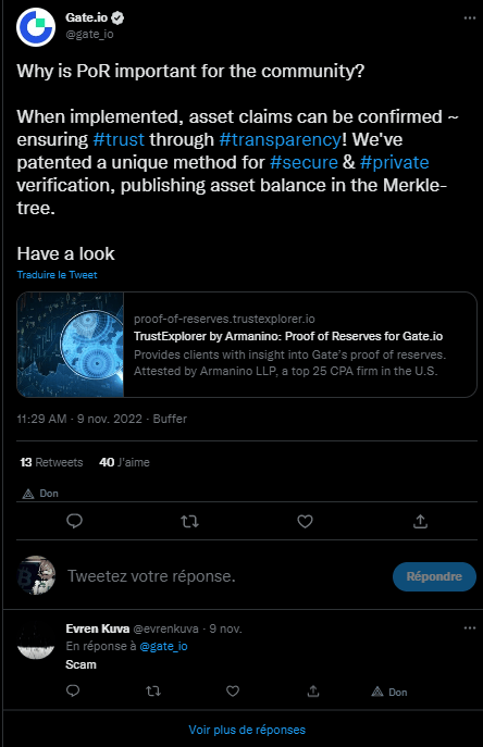 Gate.io se lance également dans la Preuve de Réserve seulement quelques jours après Kraken pour ce qui relève désormais d'un exercice obligé des plateformes crypto en mal de confiance après le désastre FTX.