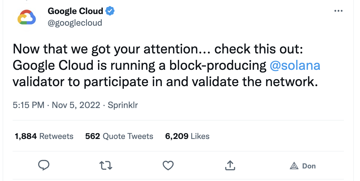 Tweet du compte de Google Cloud annonçant devenir validateur Solana.