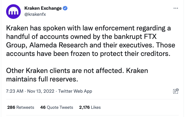 Tweet de Kraken confirmant le gel des comptes de dirigeants de FTX et Alameda
