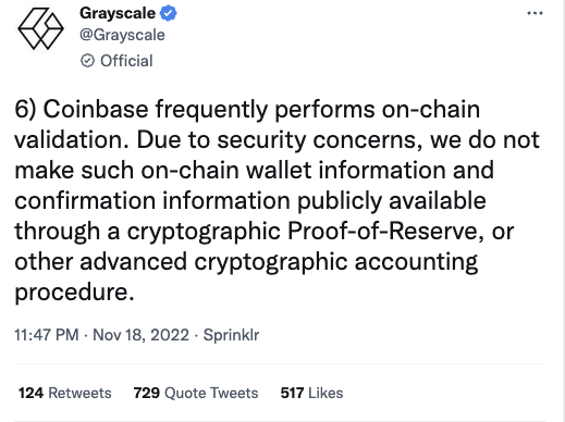 Tweet de Grayscale annonçant qu'il ne divulguerait pas de preuve de réserve.